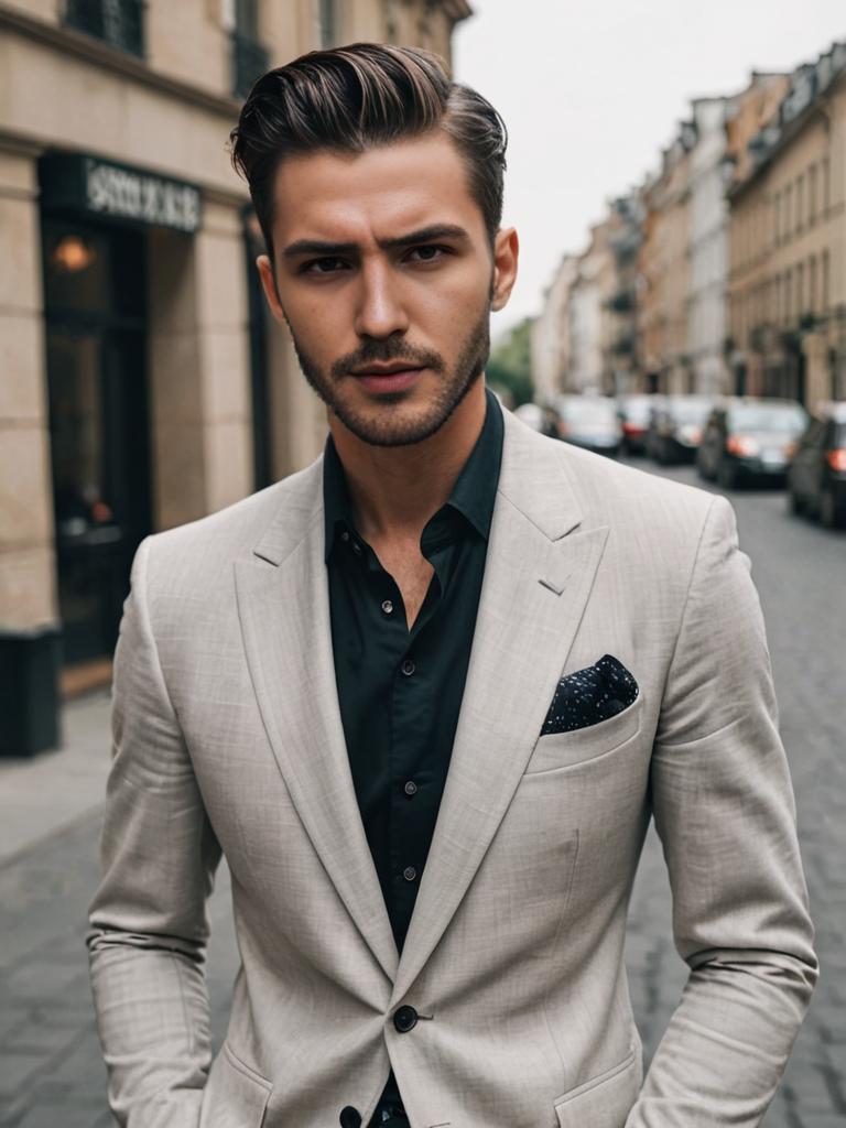 Man in Beige Suit on City Street