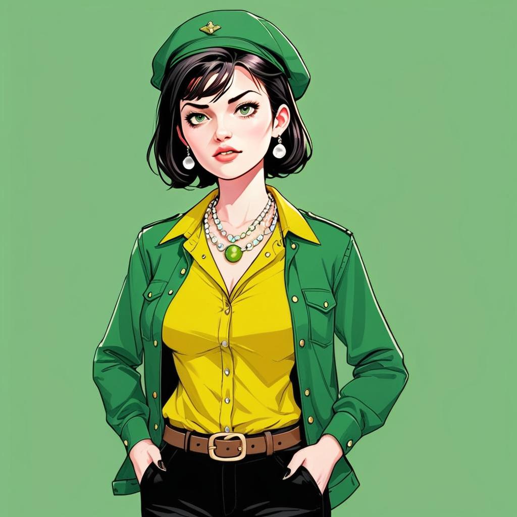 Stylish young woman in green outfit with beret and pearls Stylish young woman in green outfit with beret and pearls