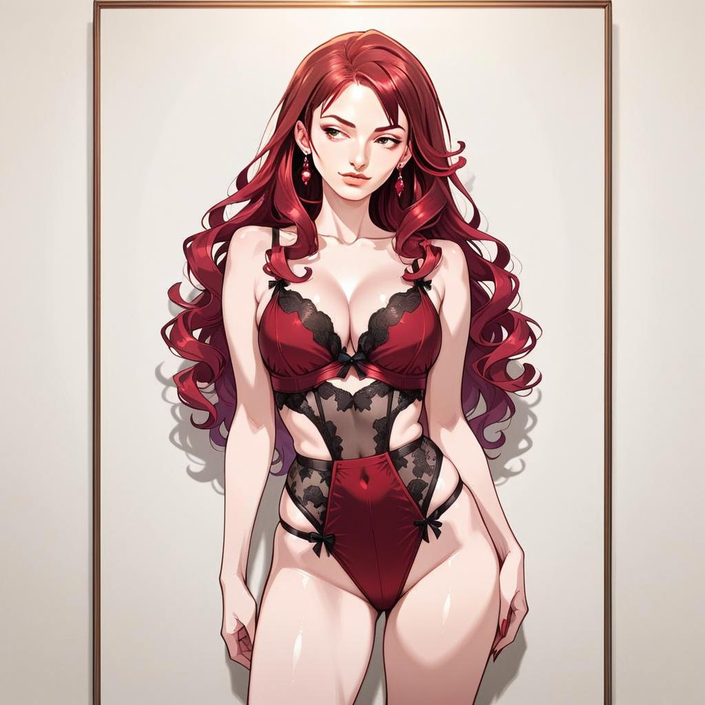 Confident Woman in Red and Black Lingerie - Anime Style