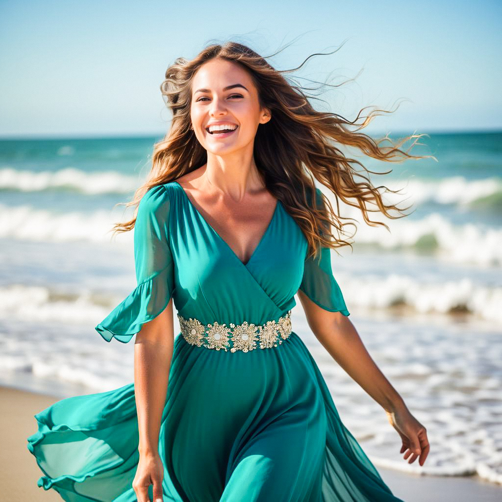 Joyful Woman in Teal Dress on Beach Joyful Woman in Teal Dress on Beach