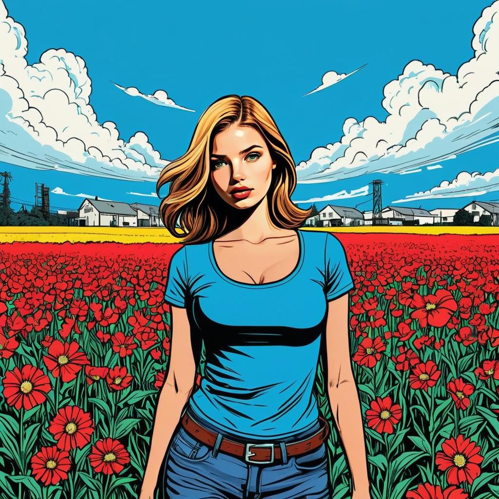Comic Style Illustration of a Woman in Flower Field with Blue Sky