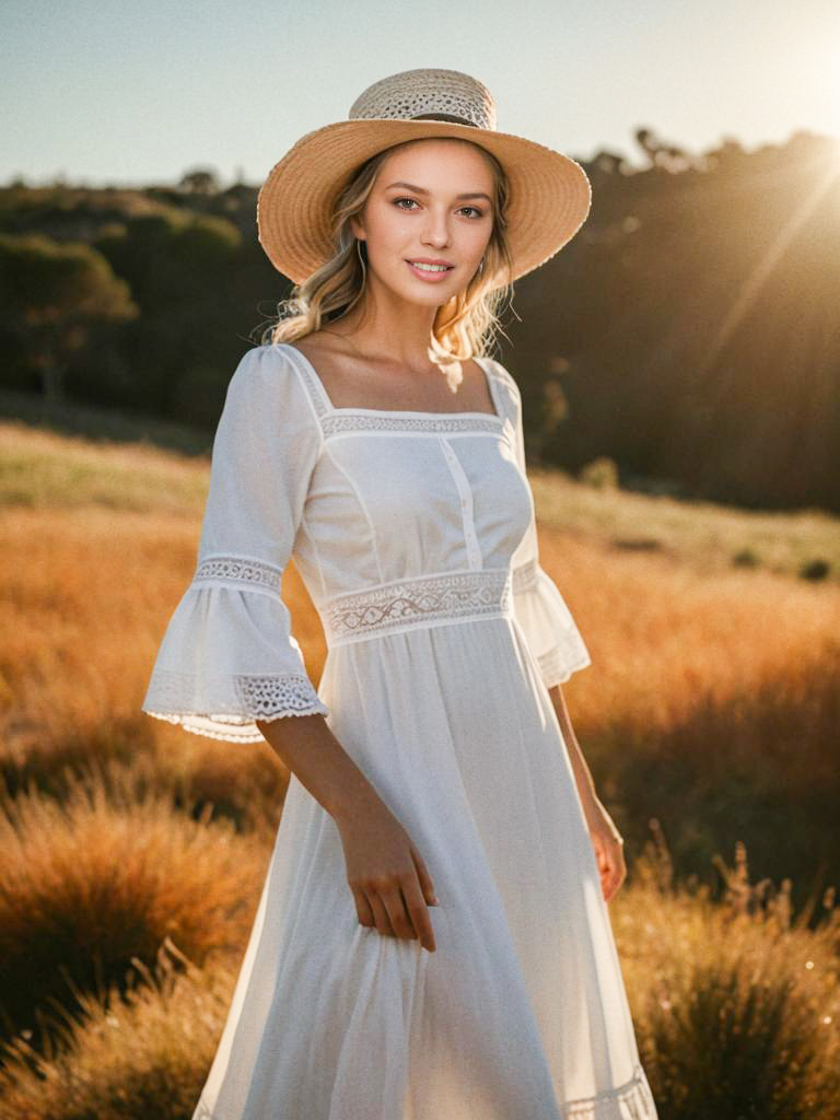 Serene Woman in White Dress at Sunset