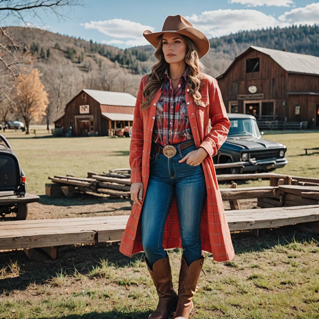 Western Style Woman in Cowboy Hat and Boots in Rustic Countryside