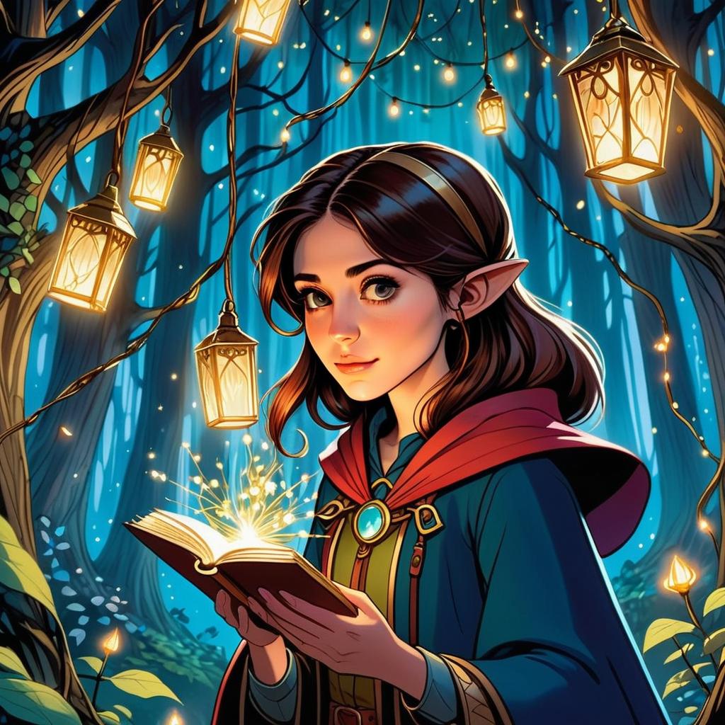 Elf Woman Reading Magical Book in Enchanted Forest