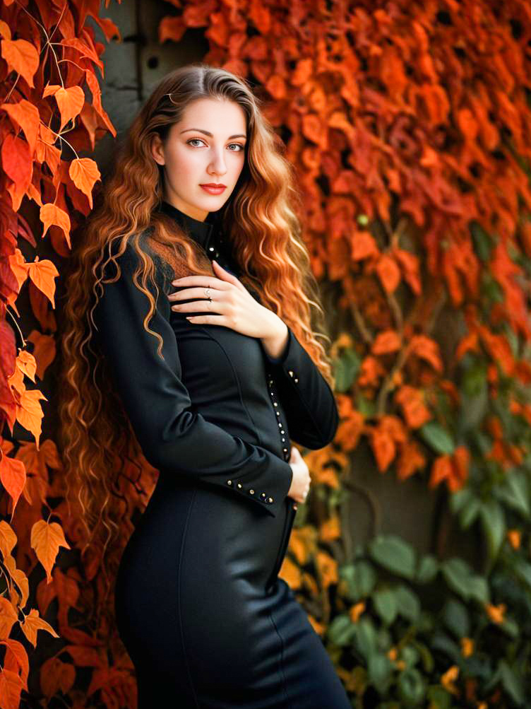 Elegant Woman in Black Dress Among Autumn Leaves