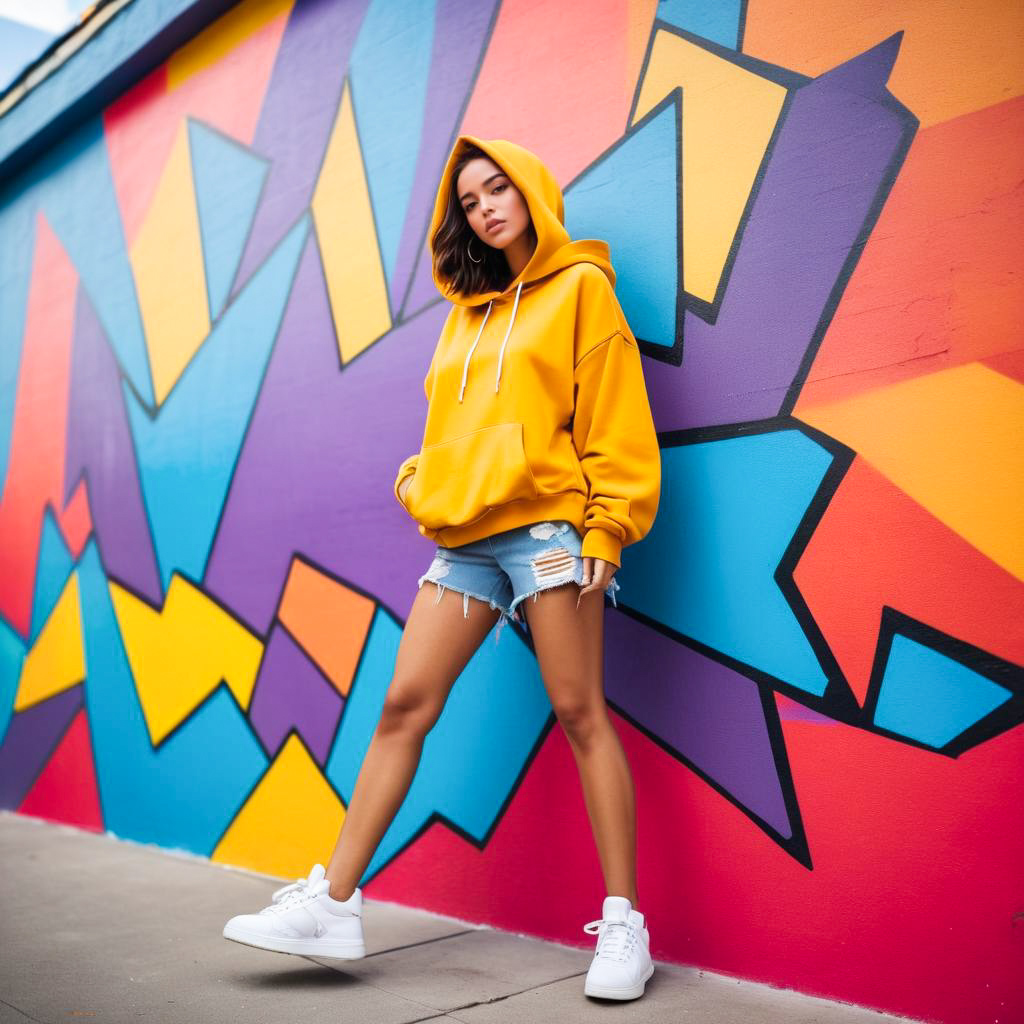 Stylish Young Woman in Yellow Hoodie Against Graffiti Wall