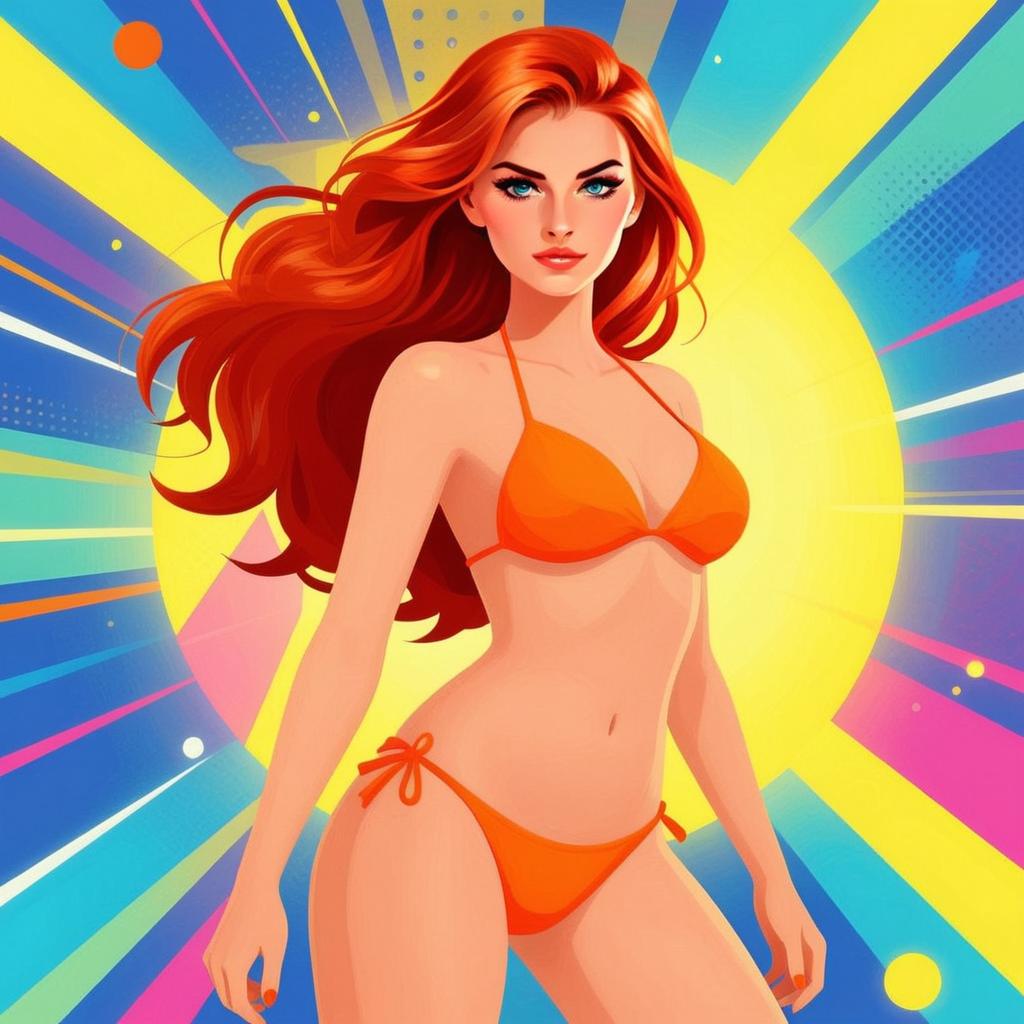 Vibrant Digital Illustration of Red-Haired Woman in Orange Bikini