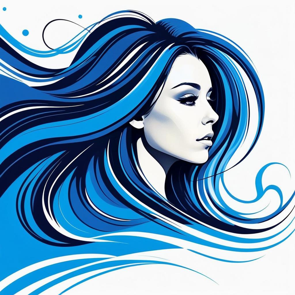 Stylized Woman in Profile with Flowing Hair in Blue and Black