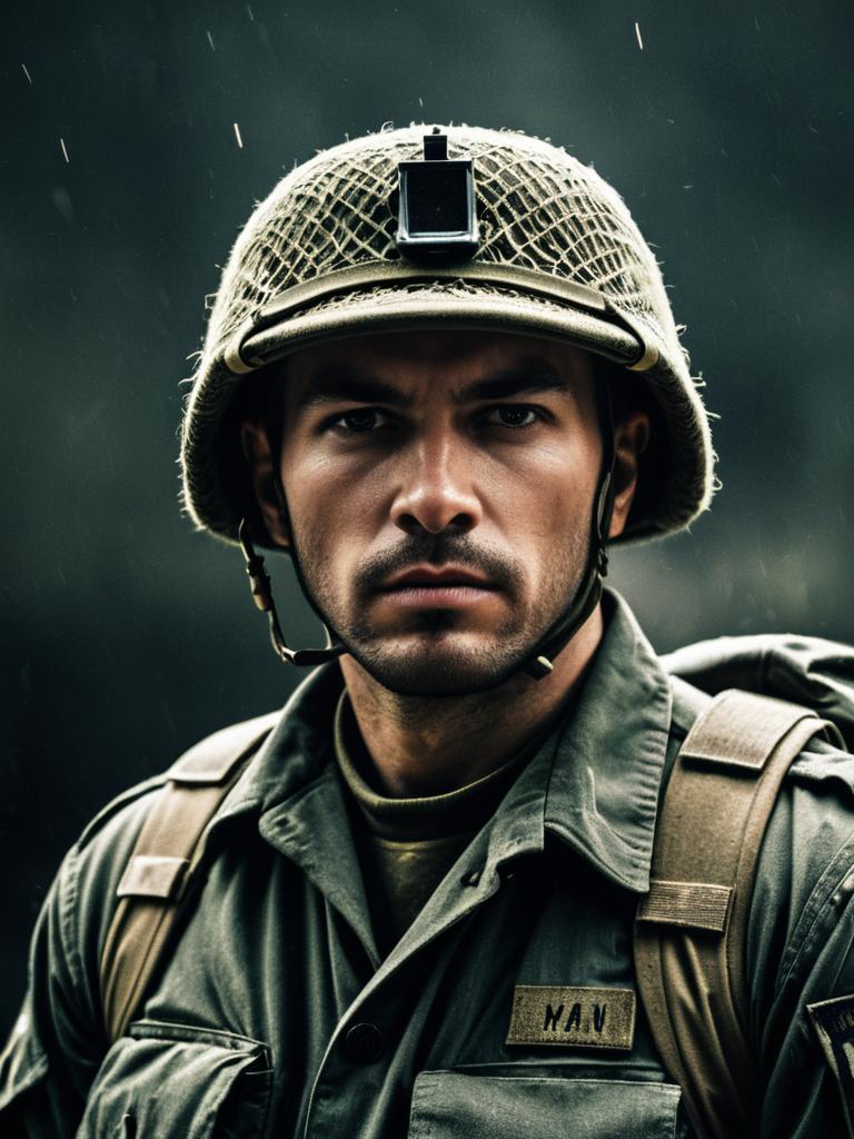 Photorealistic Heroic Portrait of Man in Army Soldier Costume