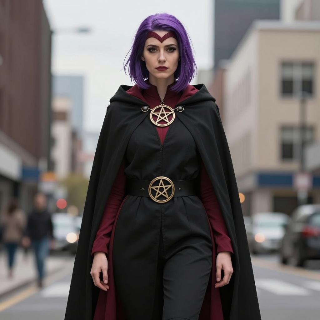 Woman in Modern Witch Costume with Purple Hair and Pentagram Cloak in City