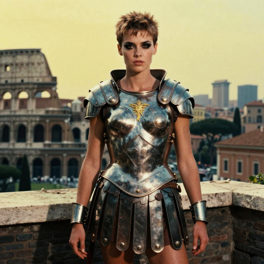 Woman in Gladiator Armor with Roman Colosseum Background