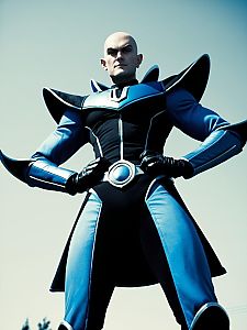 Man in Megamind Costume Cinematic Realism Low Angle Pose