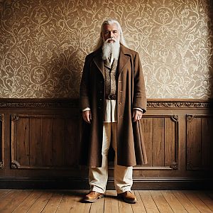 Elderly Man in Vintage Attire Standing in Elegant Classic Interior