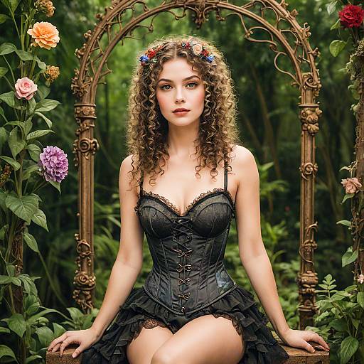 Young Woman in Black Corset with Floral Crown in Garden Arch