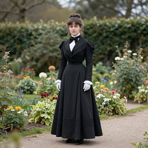 Victorian Woman in Black Dress Standing in Flower Garden