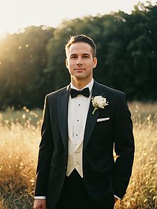 Man in Classic Wedding Tuxedo Outdoor Portrait Golden Hour