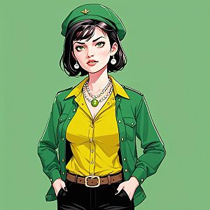 Stylish young woman in green outfit with beret and pearls