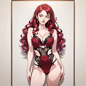 Confident Woman in Red and Black Lingerie - Anime Style
