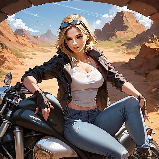 Blonde Woman on Motorcycle in Desert Digital Artwork