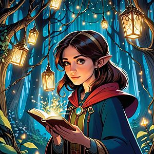 Elf Woman Reading Magical Book in Enchanted Forest