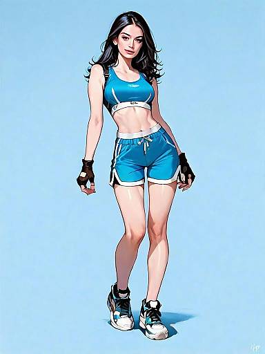 Realistic Comic Style Athletic Woman Full Body Illustration in Blue Sportswear