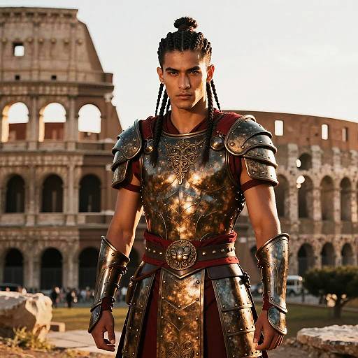 Young Man in Roman Gladiator Armor at Colosseum