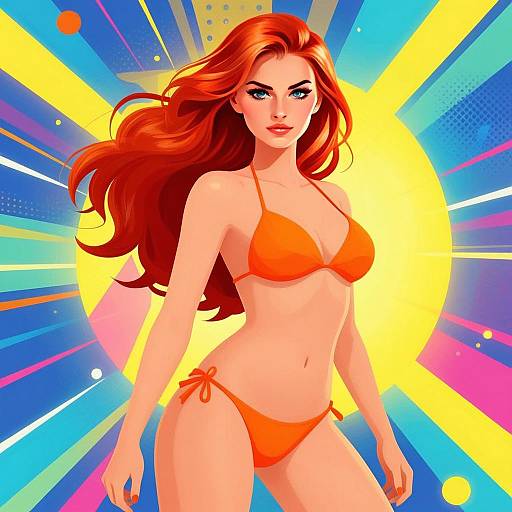 Vibrant Digital Illustration of Red-Haired Woman in Orange Bikini