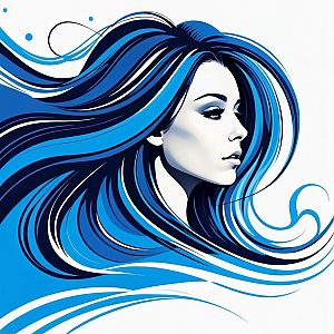 Stylized Woman in Profile with Flowing Hair in Blue and Black