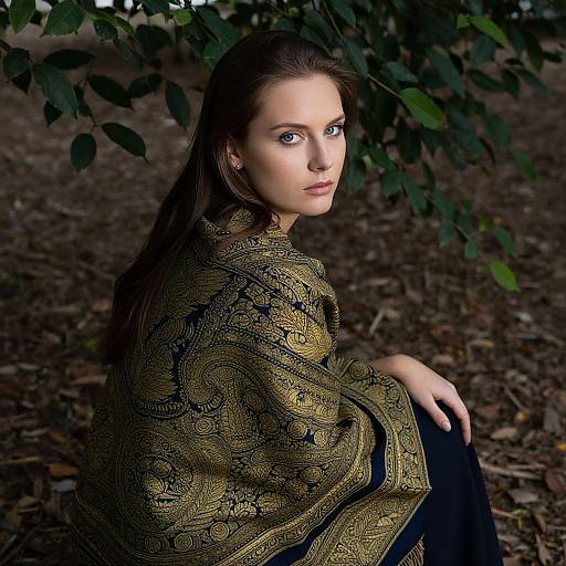 Woman in Ornate Gold and Navy Shawl Sitting Outdoors
