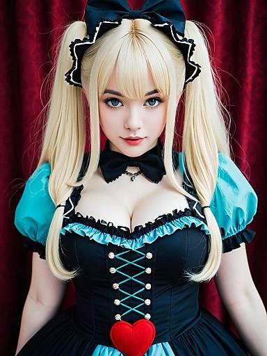 Gothic Lolita Woman with Blonde Twin Tails in Black and Blue Dress