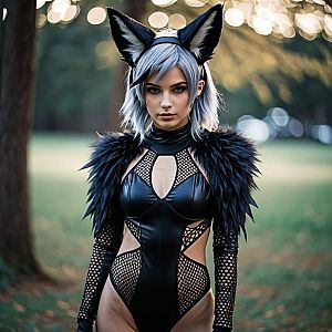 Woman in Black Futuristic Cosplay Costume with Animal Ears in Outdoor Setting