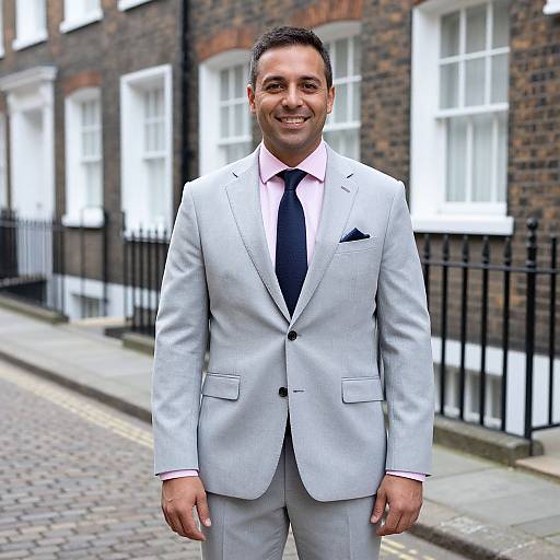 Confident Man in Light Grey Suit Smiling on Urban Street