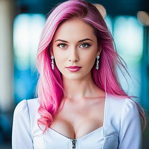 Confident Young Woman with Pink Hair and Green Eyes