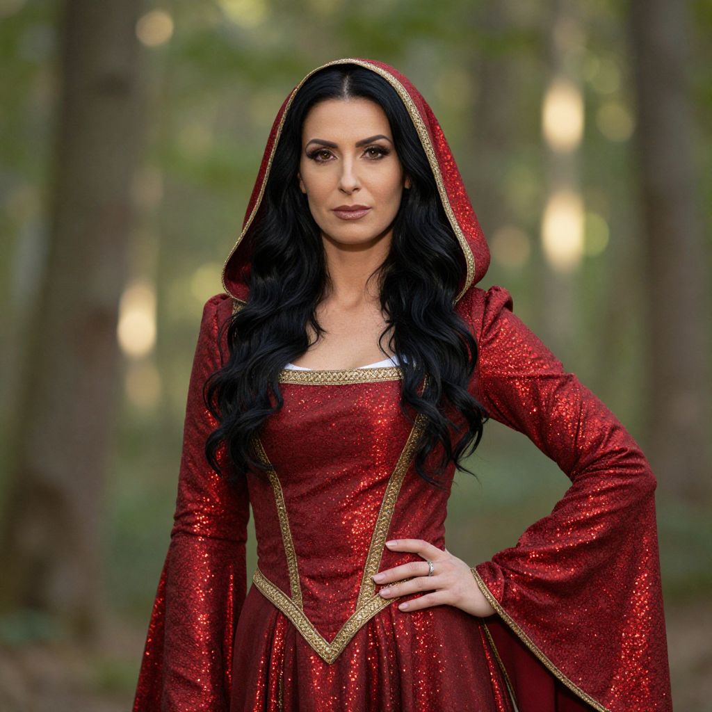 Woman in Shimmering Red Medieval Dress with Hood in Forest