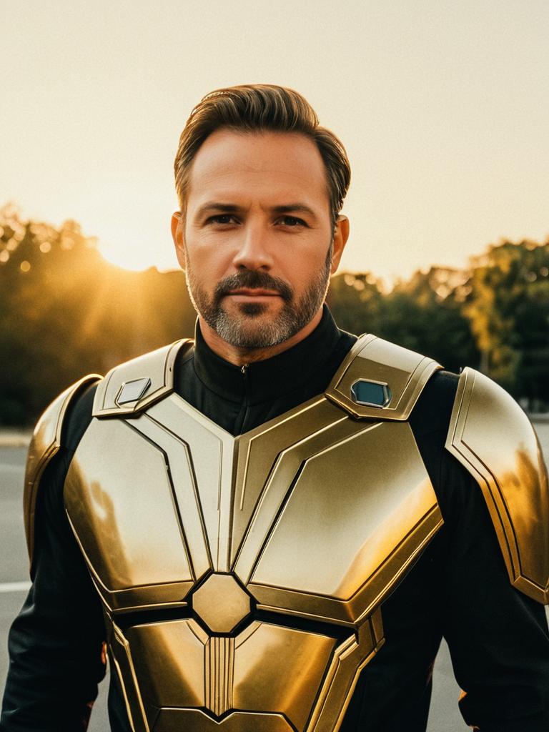 Man in Golden Superhero Costume Outdoor Portrait Cinematic