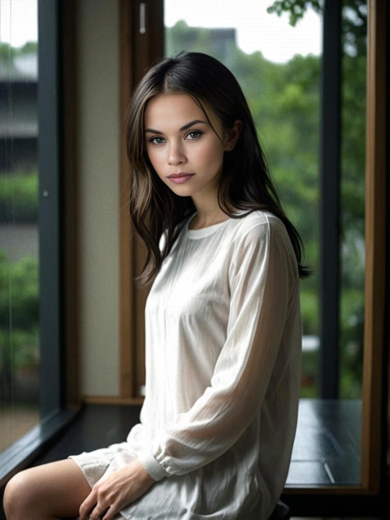 Young Woman in White Dress by Window with Greenery