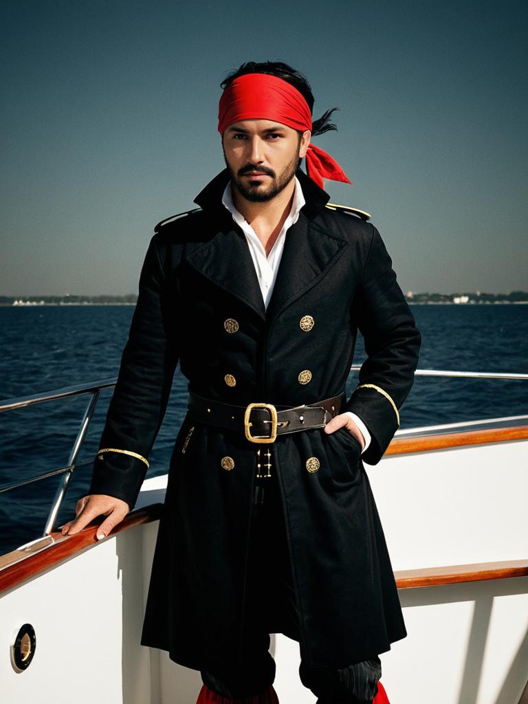 Man in Black Pirate Coat and Red Bandana on Boat Deck