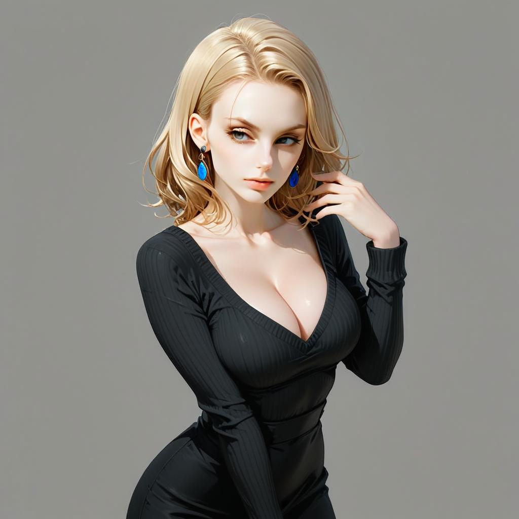 Elegant Blonde Woman in Black Dress Digital Illustration