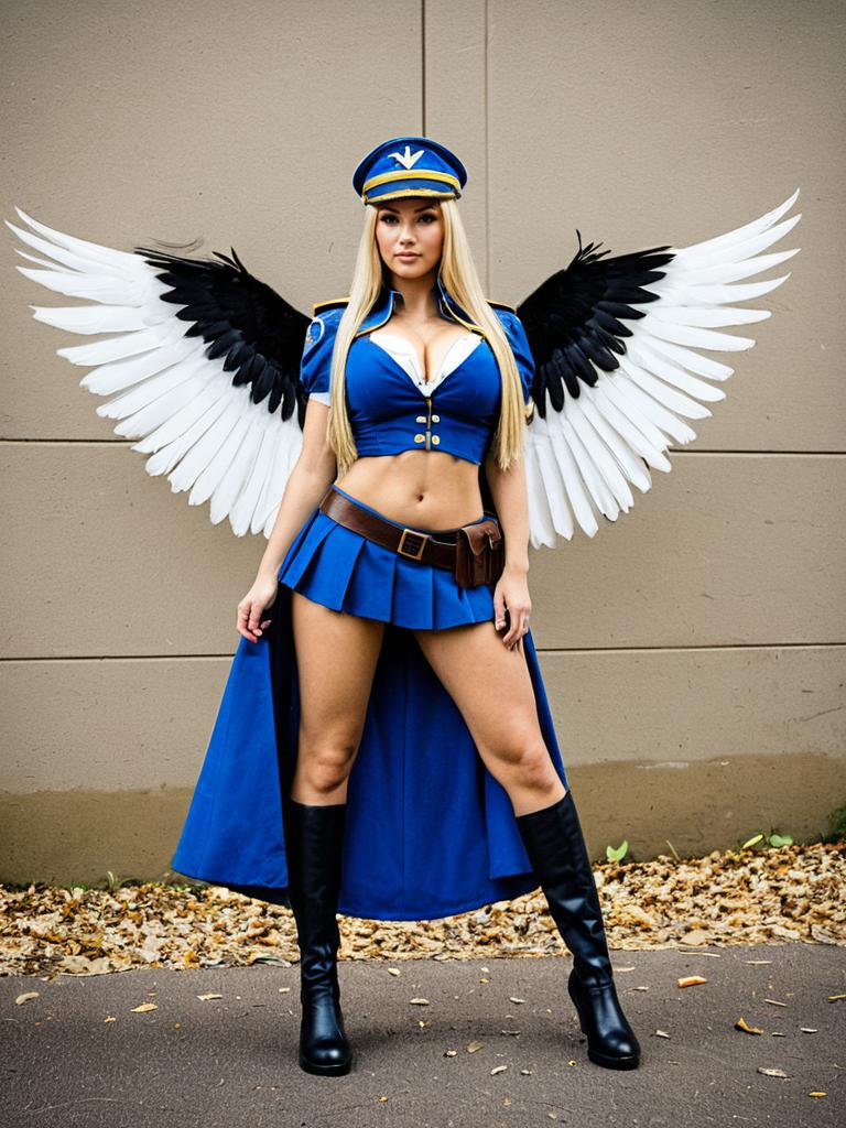 Woman in Blue Fantasy Police Uniform with Angel Wings Cosplay