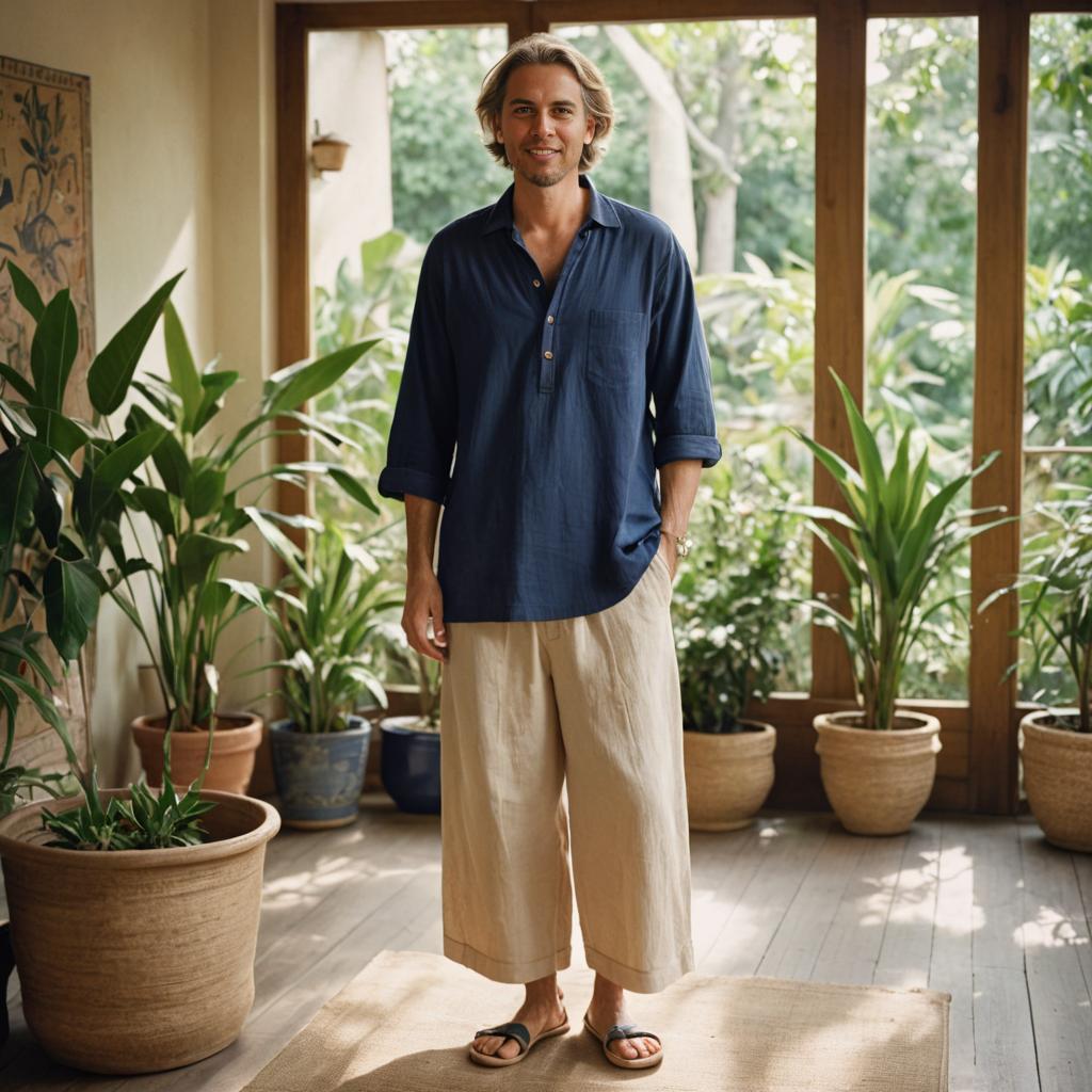 Relaxed man in lush indoor greenery