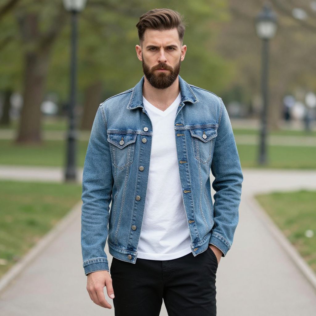 Man Wearing Denim Jacket and White T-Shirt Walking in Park