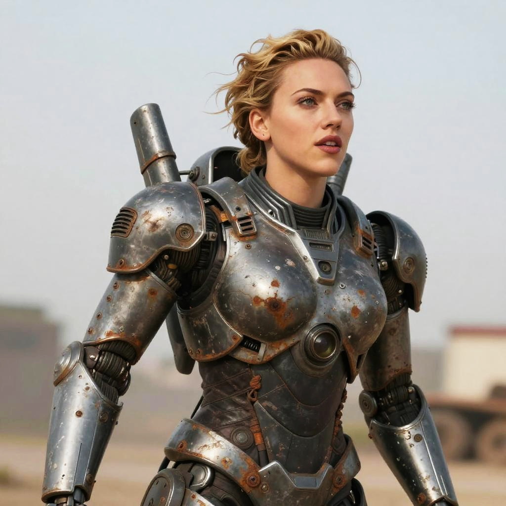 Woman in Weathered Futuristic Robotic Exoskeleton Suit