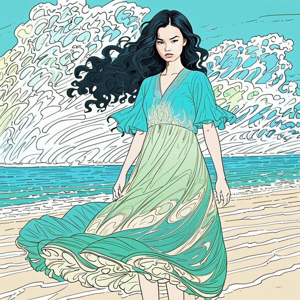 Stylized Woman on Beach with Ocean Waves Stylized Woman on Beach with Ocean Waves