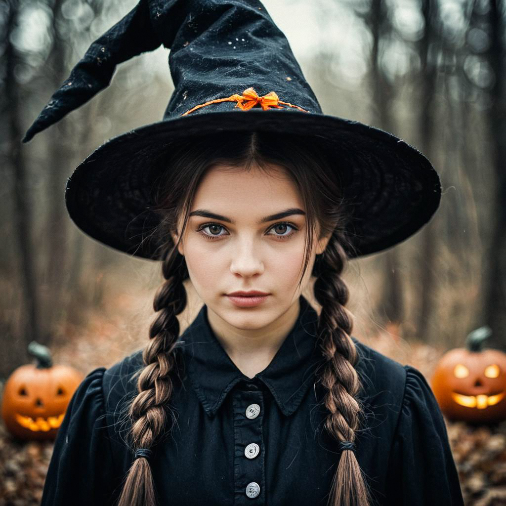 Young Woman in Witch Hat with Pumpkins