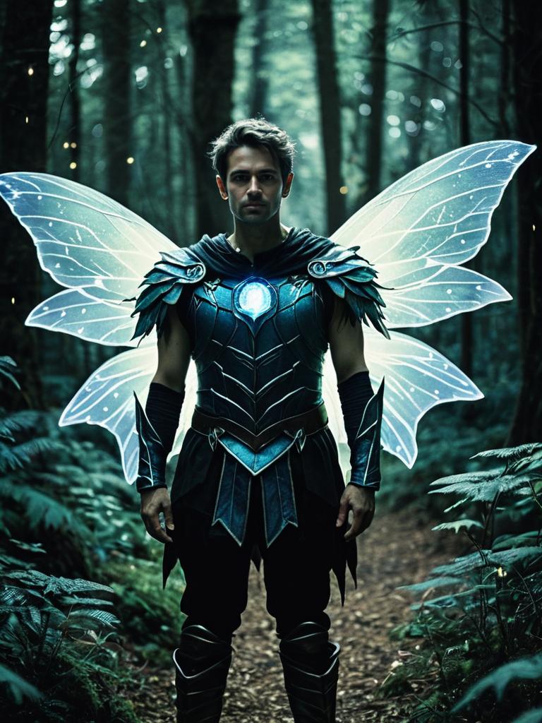 Man in Fantasy Costume with Fairy Wings in Mystical Forest