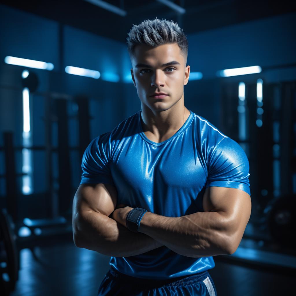 Muscular Man in Blue Athletic Shirt at Gym