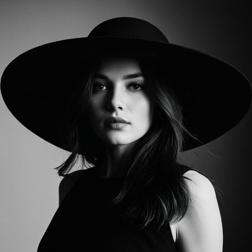 Elegant Black and White Portrait of a Woman in a Wide-Brimmed Hat Elegant Black and White Portrait of a Woman in a Wide-Brimmed Hat