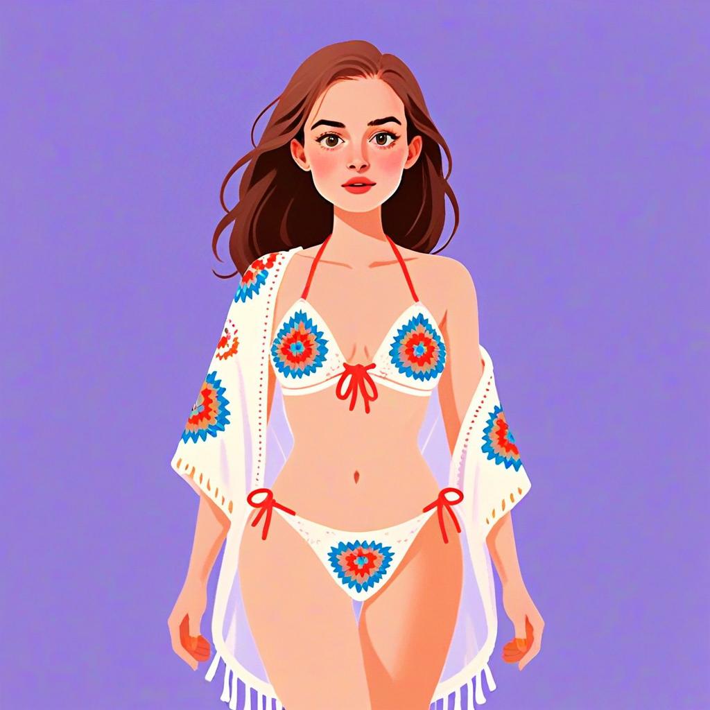 Woman Wearing Intricate Crochet Bikini Set with Colorful Patterns Illustration
