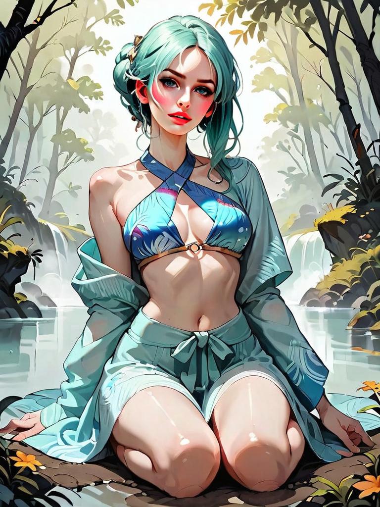 Digital Artwork of Woman in Blue Bikini by Forest Stream in Fantasy Medieval Style