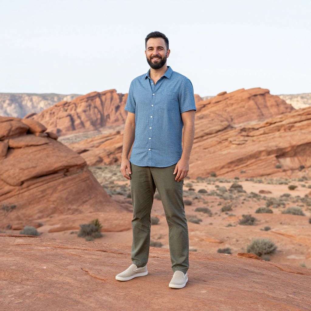 Man Standing on Red Rock Desert Landscape in Casual Outfit